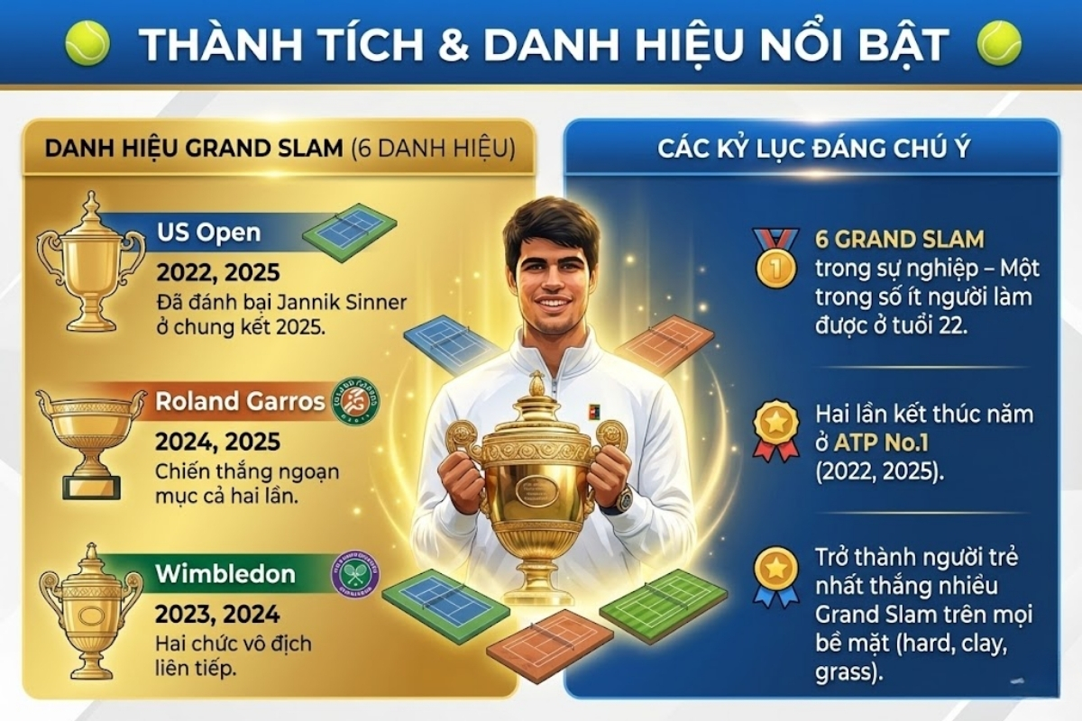 Thống kê danh hiệu Carlos Alcaraz tính đến 2026: 6 Grand Slam, 24 danh hiệu ATP, kỷ lục trẻ nhất